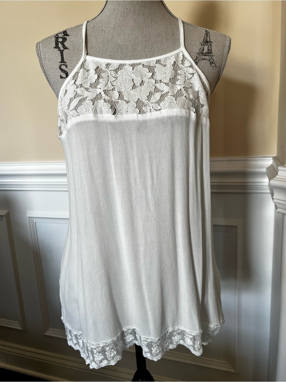 Creamy White, Floral Lace Trim Romantic Camisole Long Top Tank.